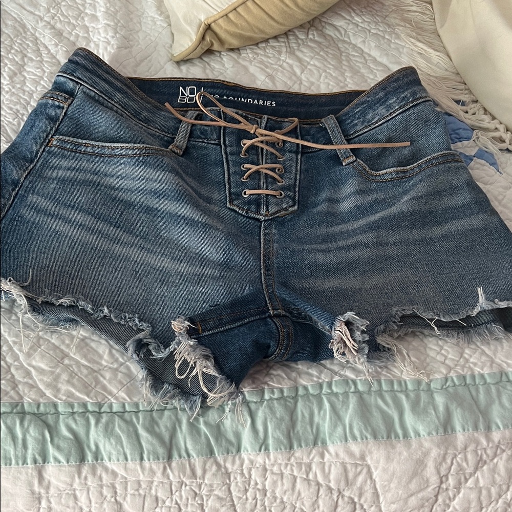 No Boundaries Lace-Up Distressed Jean Shorts
